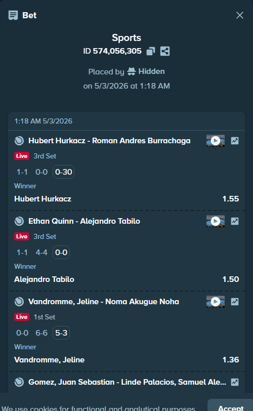 Bet slip: Vandromme, Jeline - Noma Akugue Noha, $10,000.00 stake at 1.36 odds, placed by Hidden