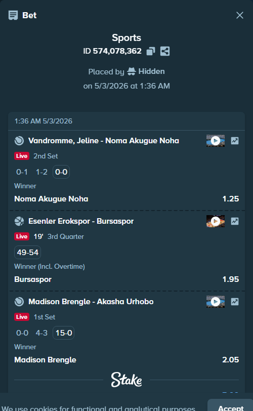 Bet slip: Vandromme, Jeline - Noma Akugue Noha, $10,000.00 stake at 1.25 odds, placed by Hidden