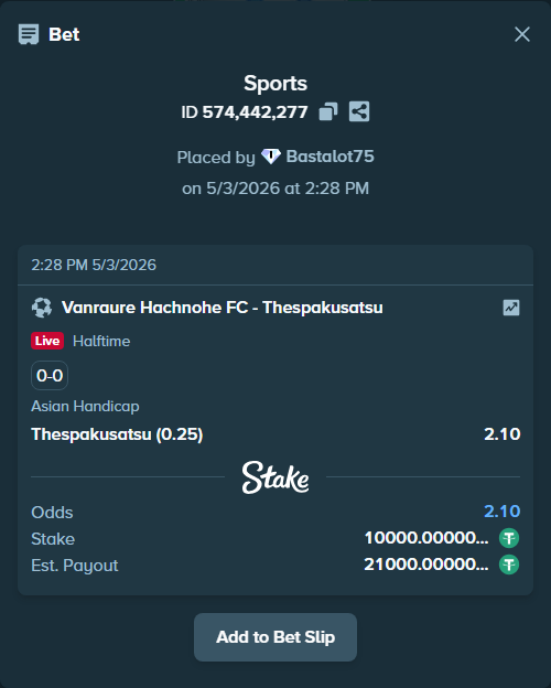 Bet slip: Vanraure Hachinohe FC - Thespakusatsu, $10,000.00 stake at 2.10 odds, placed by Bastalot75