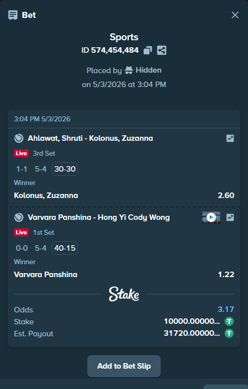 Bet slip: Varvara Panshina - Hong Yi Cody Wong, $10,000.00 stake at 1.22 odds, placed by Hidden