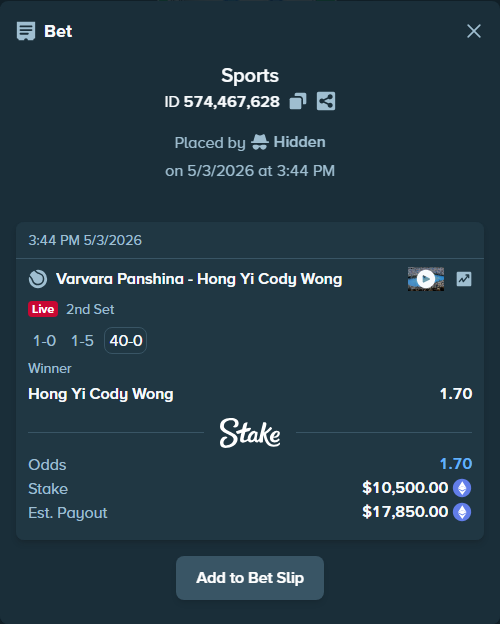 Bet slip: Varvara Panshina - Hong Yi Cody Wong, $15,956.85 stake at 1.70 odds, placed by Hidden
