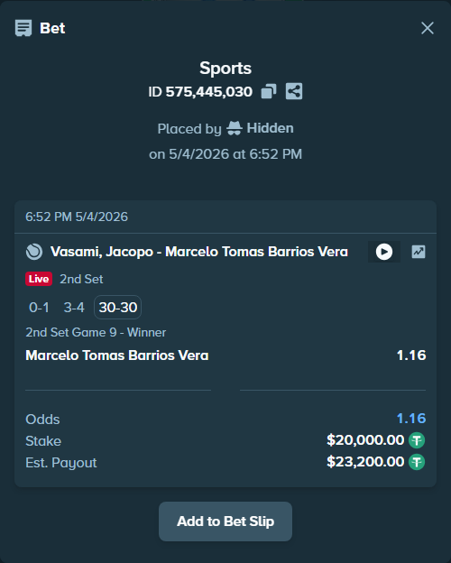 Bet slip: Vasami, Jacopo - Marcelo Tomas Barrios Vera, $20,000.00 stake at 1.16 odds, placed by diomancy