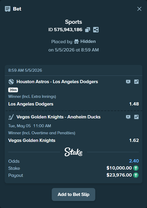 Bet slip: Vegas Golden Knights - Anaheim Ducks, $10,000.00 stake at 1.62 odds, placed by Hidden