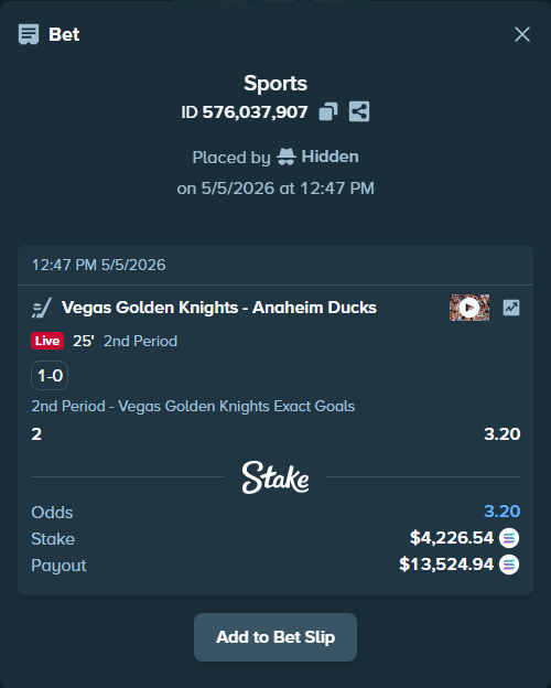 Bet slip: Vegas Golden Knights - Anaheim Ducks, $10,000.00 stake at 3.20 odds, placed by Hidden