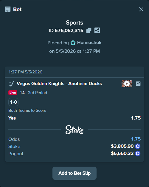 Bet slip: Vegas Golden Knights - Anaheim Ducks, $10,000.00 stake at 1.75 odds, placed by Homiachok