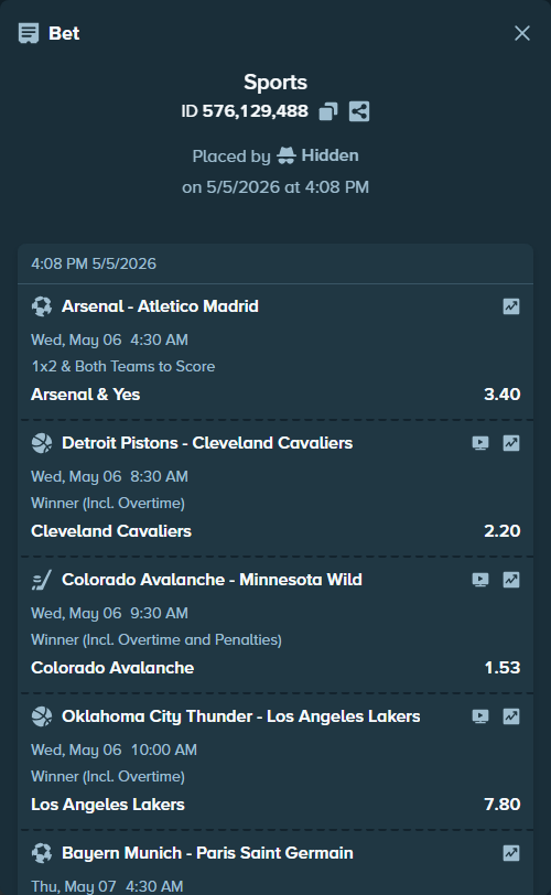 Bet slip: Vegas Golden Knights - Anaheim Ducks, $10,000.00 stake at 1.27 odds, placed by Hidden
