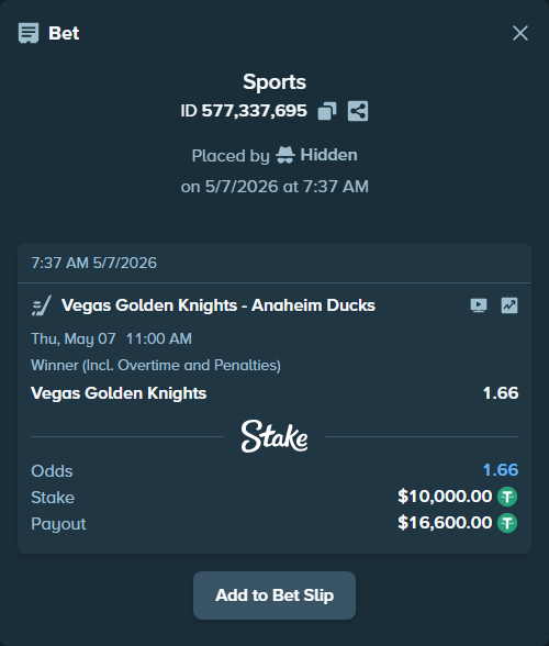 Bet slip: Vegas Golden Knights - Anaheim Ducks, $10,000.00 stake at 1.66 odds, placed by Hidden