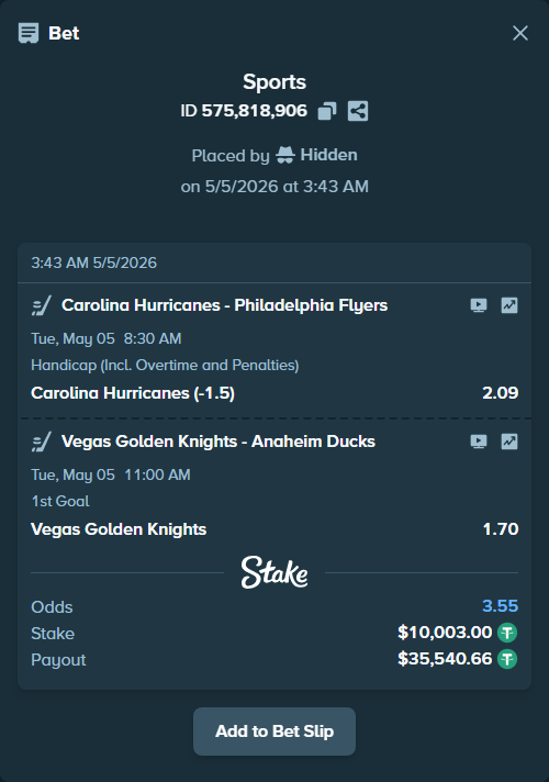 Bet slip: Vegas Golden Knights - Anaheim Ducks, $10,003.00 stake at 1.70 odds, placed by Hidden