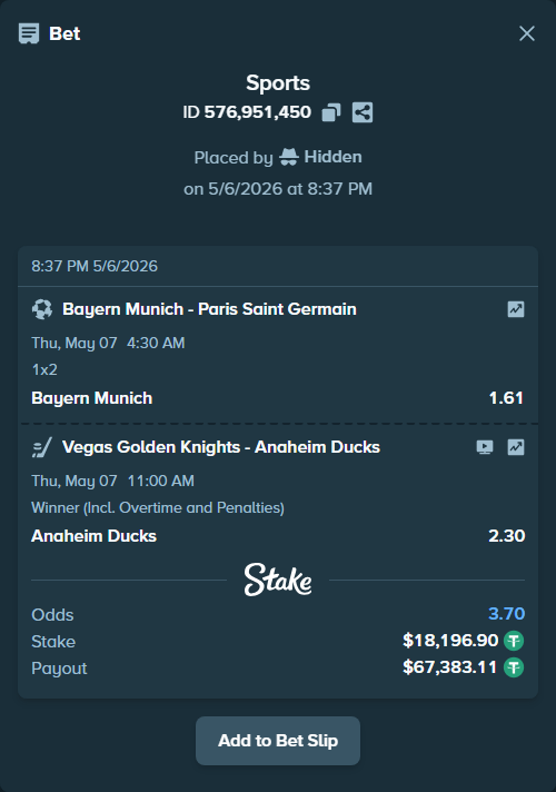 Bet slip: Vegas Golden Knights - Anaheim Ducks, $18,196.90 stake at 2.30 odds, placed by Hidden