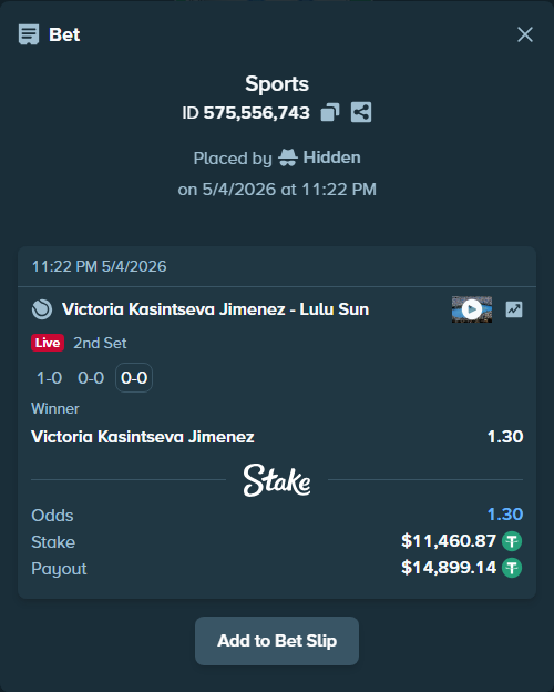 Bet slip: Victoria Kasintseva Jimenez - Lulu Sun, $11,460.87 stake at 1.30 odds, placed by Hidden