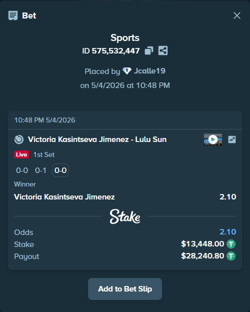 Bet slip: Victoria Kasintseva Jimenez - Lulu Sun, $13,448.00 stake at 2.10 odds, placed by Jcalle19