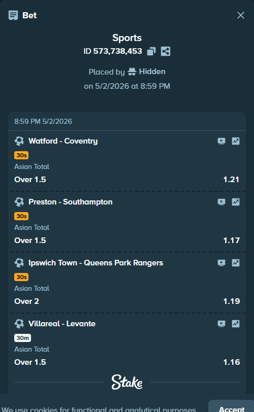 Bet slip: Villareal - Levante, $10,364.49 stake at 1.16 odds, placed by Hidden
