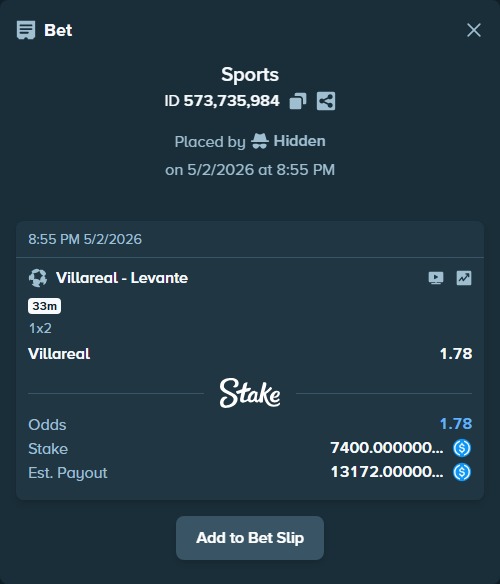 Bet slip: Villareal - Levante, $7,400.00 stake at 1.78 odds, placed by Hidden