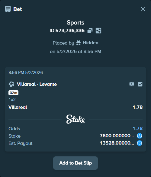 Bet slip: Villareal - Levante, $7,600.00 stake at 1.78 odds, placed by Hidden
