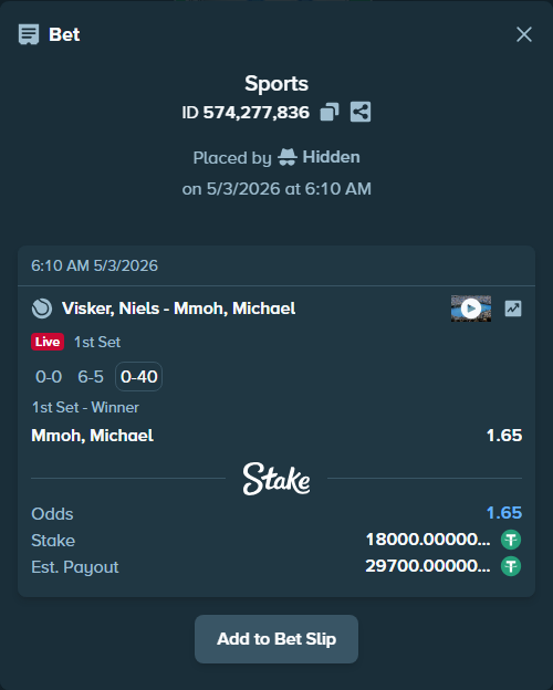 Bet slip: Visker, Niels - Mmoh, Michael, $18,000.00 stake at 1.65 odds, placed by Hidden