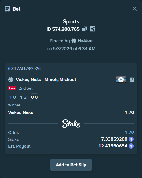Bet slip: Visker, Niels - Mmoh, Michael, $25,685.07 stake at 1.70 odds, placed by Hidden
