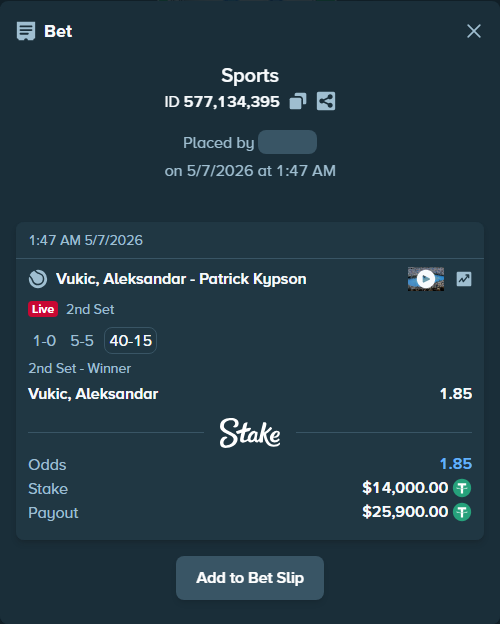 Bet slip: Vukic, Aleksandar - Patrick Kypson, $14,000.00 stake at 1.85 odds, placed by Horodek95