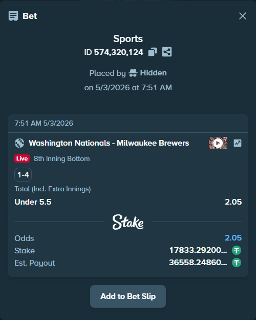 Bet slip: Washington Nationals - Milwaukee Brewers, $17,833.29 stake at 2.05 odds, placed by Hidden
