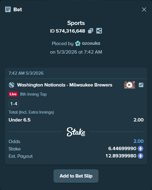 Bet slip: Washington Nationals - Milwaukee Brewers, $22,564.50 stake at 2.00 odds, placed by azosuka