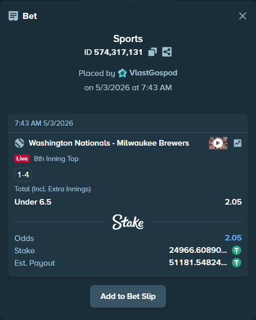 Bet slip: Washington Nationals - Milwaukee Brewers, $24,966.61 stake at 2.05 odds, placed by VlastGospod