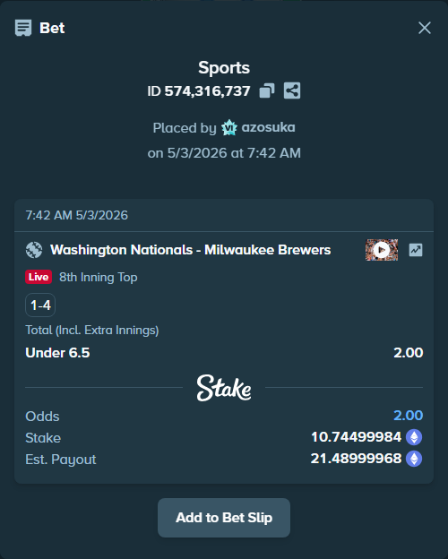 Bet slip: Washington Nationals - Milwaukee Brewers, $37,607.50 stake at 2.00 odds, placed by azosuka