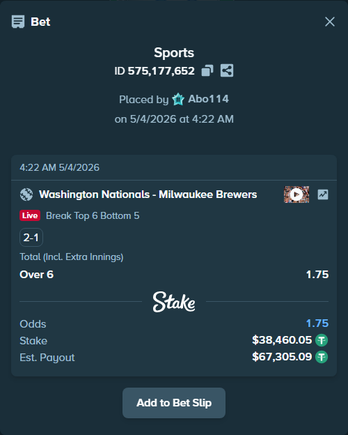 Bet slip: Washington Nationals - Milwaukee Brewers, $38,460.05 stake at 1.75 odds, placed by Abo114
