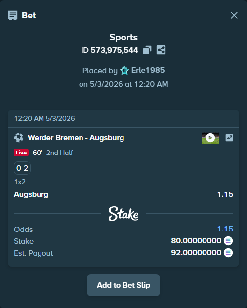 Bet slip: Werder Bremen - Augsburg, $16,000.00 stake at 1.15 odds, placed by Erle1985
