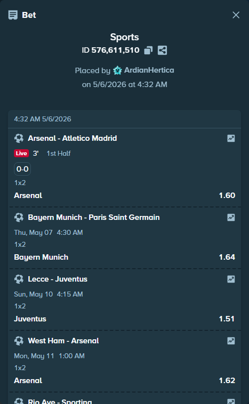 Bet slip: West Ham - Arsenal, $34,000.00 stake at 1.62 odds, placed by ArdianHertica