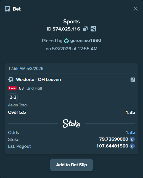 Bet slip: Westerlo - OH Leuven, $10,365.80 stake at 1.35 odds, placed by geronimo1980