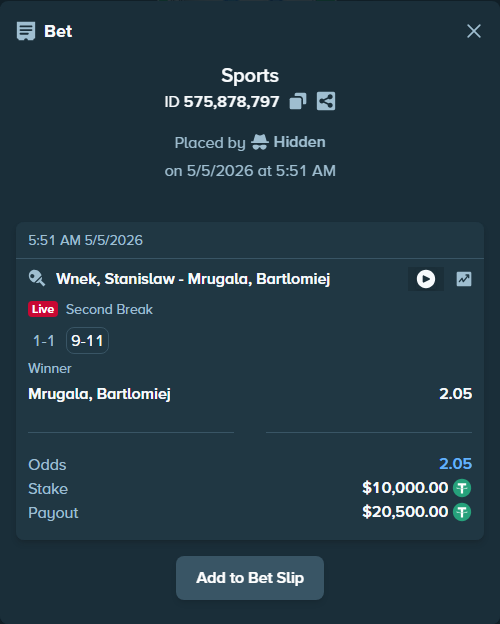 Bet slip: Wnek, Stanislaw - Mrugala, Bartlomiej, $10,000.00 stake at 2.05 odds, placed by WinTr10