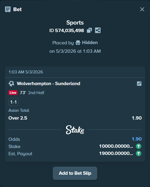 Bet slip: Wolverhampton - Sunderland, $10,000.00 stake at 1.90 odds, placed by Hidden