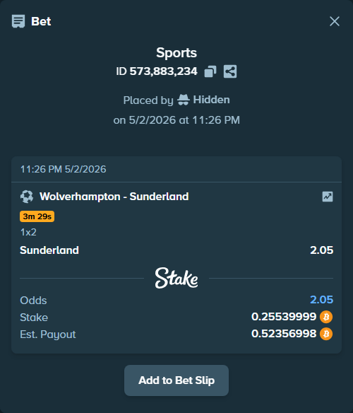Bet slip: Wolverhampton - Sunderland, $17,878.00 stake at 2.05 odds, placed by Hidden