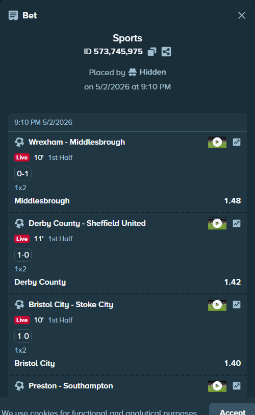 Bet slip: Wrexham - Middlesbrough, $21,659.99 stake at 1.48 odds, placed by Hidden
