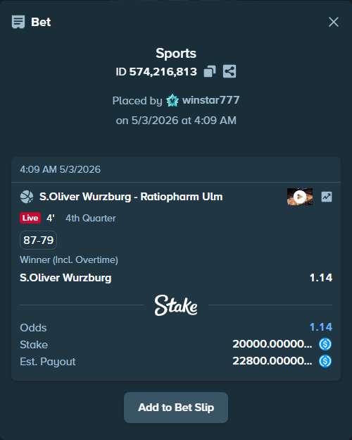 Bet slip: Wurzburg Baskets - Ulm Basketball, $20,000.00 stake at 1.14 odds, placed by winstar777