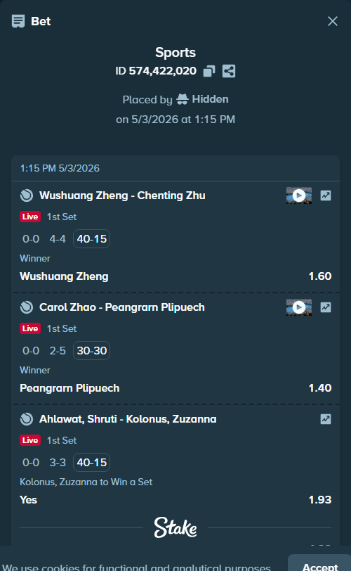 Bet slip: Wushuang Zheng - Chenting Zhu, $10,000.00 stake at 1.60 odds, placed by Hidden