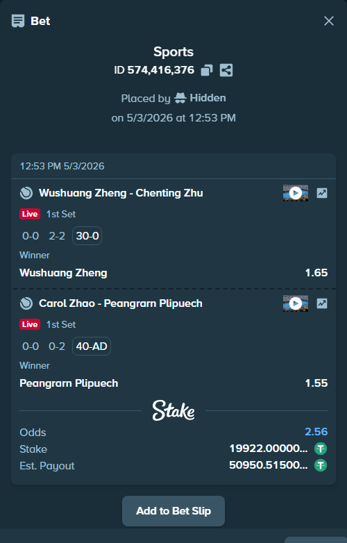 Bet slip: Wushuang Zheng - Chenting Zhu, $19,922.00 stake at 1.65 odds, placed by Hidden