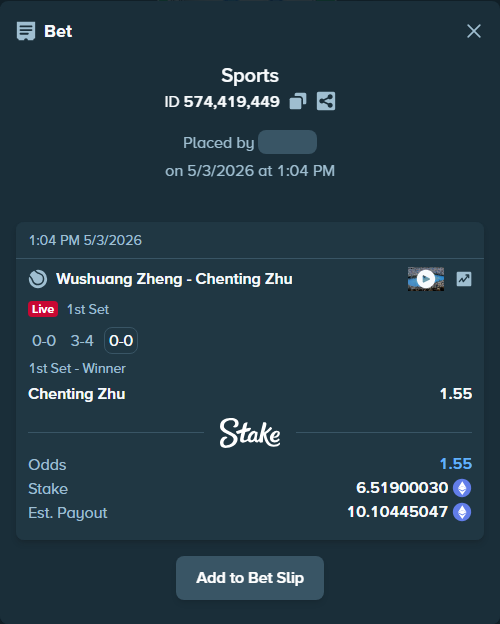 Bet slip: Wushuang Zheng - Chenting Zhu, $22,816.50 stake at 1.55 odds, placed by AustinAlgamus