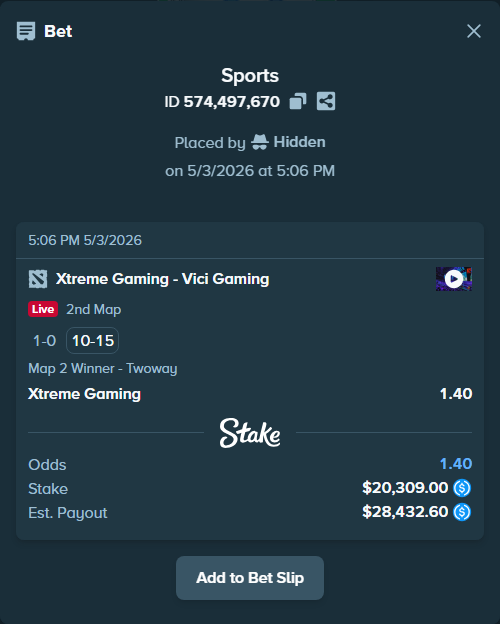 Bet slip: Xtreme Gaming - Vici Gaming, $20,309.00 stake at 1.40 odds, placed by Hidden