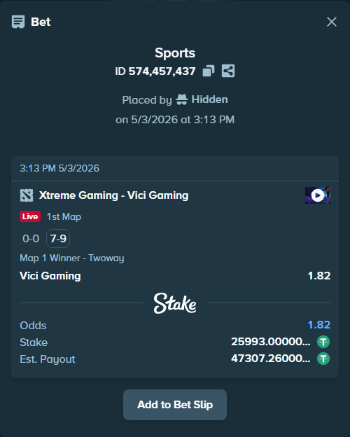 Bet slip: Xtreme Gaming - Vici Gaming, $25,993.00 stake at 1.82 odds, placed by Hidden