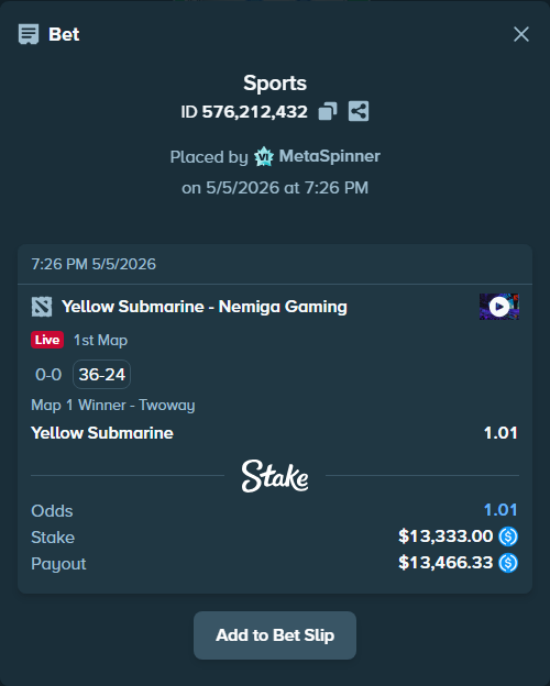 Bet slip: Yellow Submarine - Nemiga Gaming, $13,333.00 stake at 1.01 odds, placed by MetaSpinner