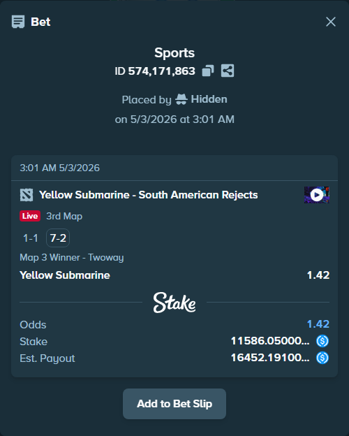 Bet slip: Yellow Submarine - South American Rejects, $11,586.05 stake at 1.42 odds, placed by Hidden