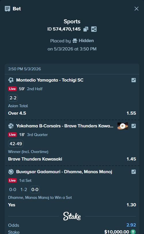 Bet slip: Yokohama B-Corsairs - Kawasaki Brave Thunders, $10,000.00 stake at 1.45 odds, placed by Hidden
