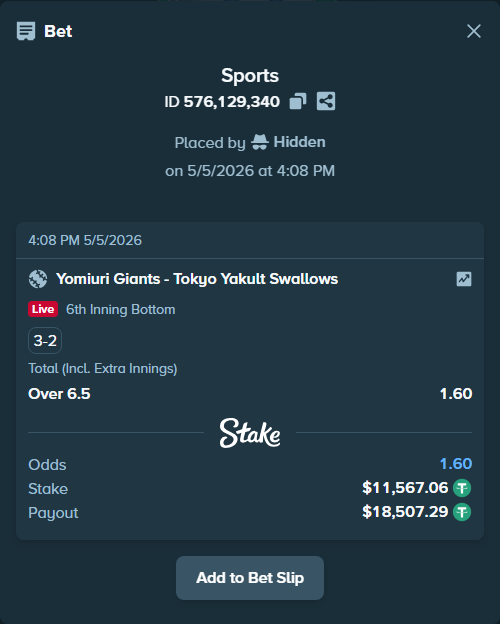 Bet slip: Yomiuri Giants - Tokyo Yakult Swallows, $11,567.06 stake at 1.60 odds, placed by Hidden