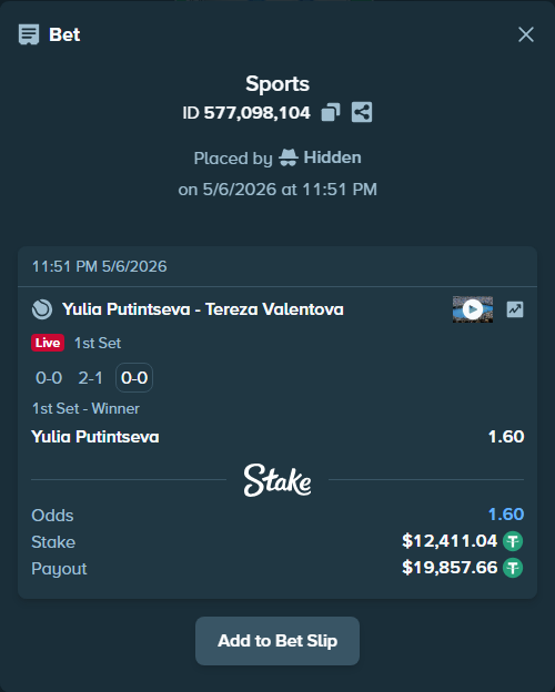 Bet slip: Yulia Putintseva - Tereza Valentova, $12,411.04 stake at 1.60 odds, placed by Hidden
