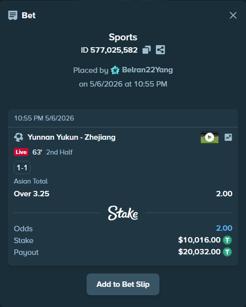 Bet slip: Yunnan Yukun - Zhejiang, $10,016.00 stake at 2.00 odds, placed by Belran22Yang