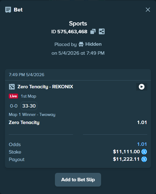 Bet slip: Zero Tenacity - REKONIX, $11,111.00 stake at 1.01 odds, placed by MetaSpinner