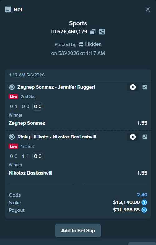 Bet slip: Zeynep Sonmez - Jennifer Ruggeri, $13,140.00 stake at 1.55 odds, placed by Hidden