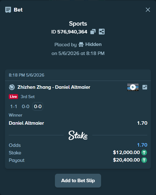 Bet slip: Zhizhen Zhang - Daniel Altmaier, $12,000.00 stake at 1.70 odds, placed by Hidden