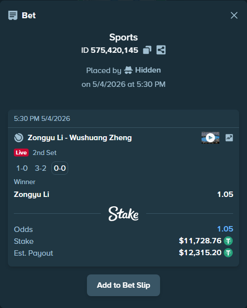 Bet slip: Zongyu Li - Wushuang Zheng, $11,728.76 stake at 1.05 odds, placed by Hidden